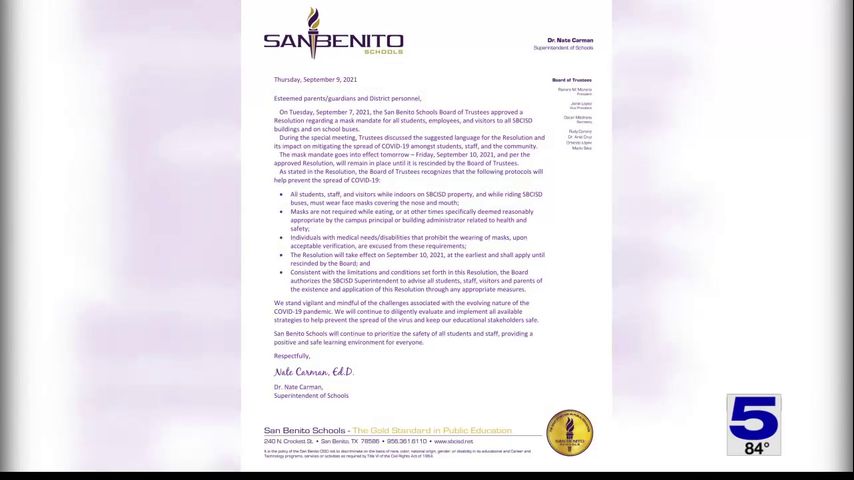 San Benito CISD Issues Mask Mandate