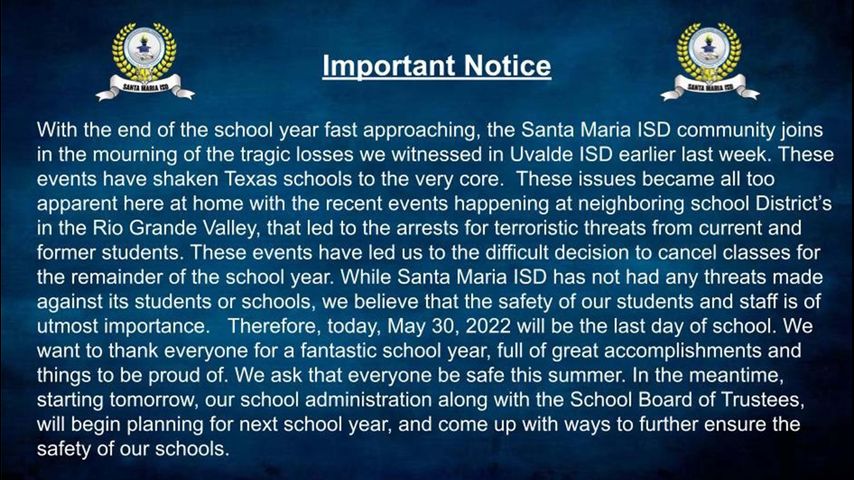 Santa Maria ISD ends school year early