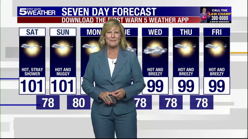 Saturday, August 2, 2025: Hot, stray shower, temps in the 100s