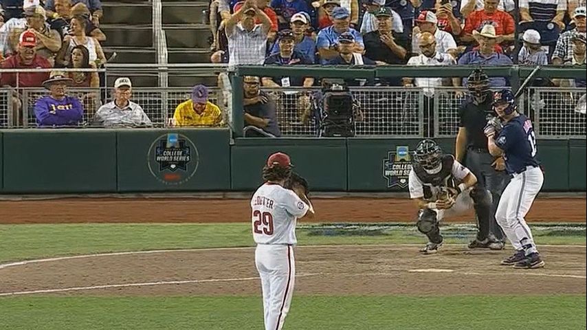 College World Series: LSU player on umpire cam gets hit by pitch