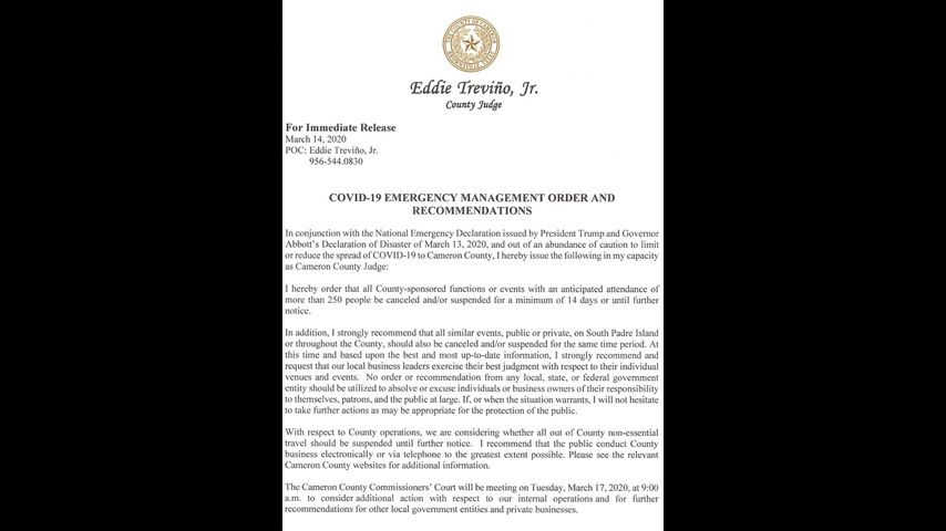Cameron Co. Judge Eddie Trevino Jr. cancels events of more than 250 people