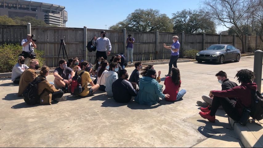 Student protesters gather outside LSU Athletics offices on Monday amid Title IX report