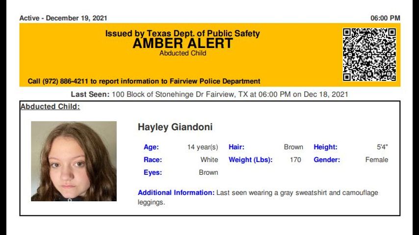 Update: Amber Alert Discontinued, 14-year-old Girl Found