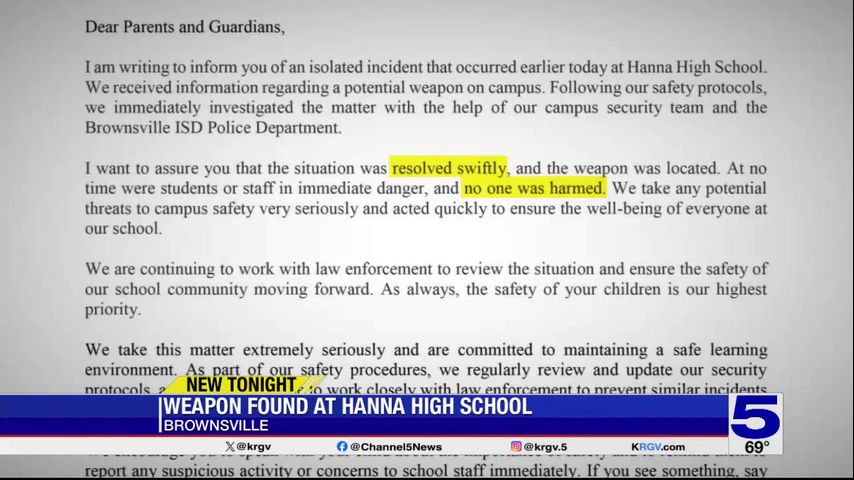 Weapon recovered at Hanna High School in Brownsville