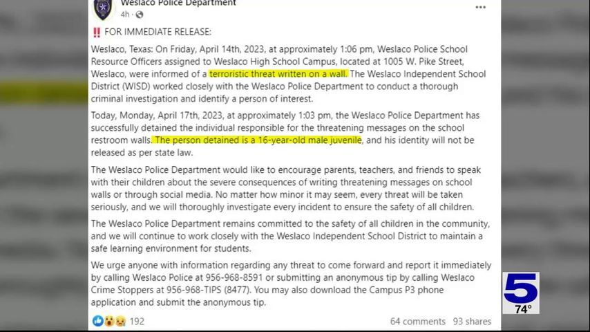 Teen arrested in connection with threat written threat against Weslaco High School, police say