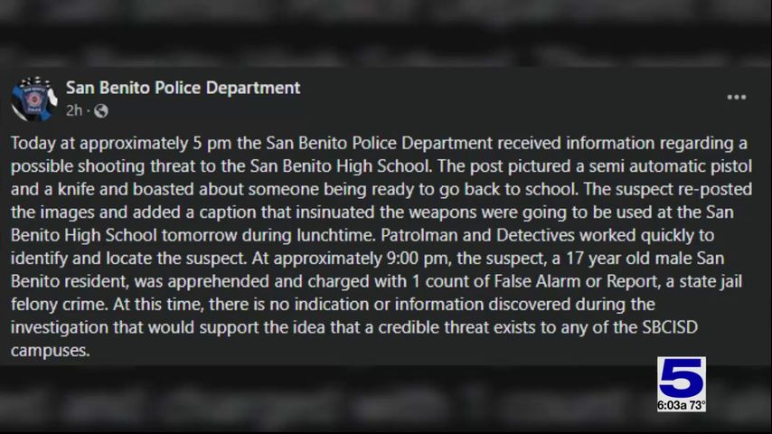 Teen apprehended following social media threat at San Benito High School