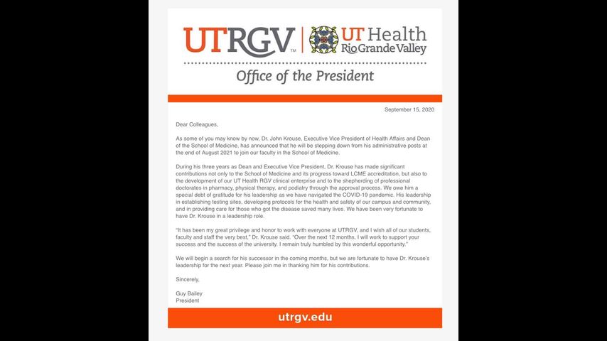 Dean of UTRGV School of Medicine stepping down from his administrative posts in 2021