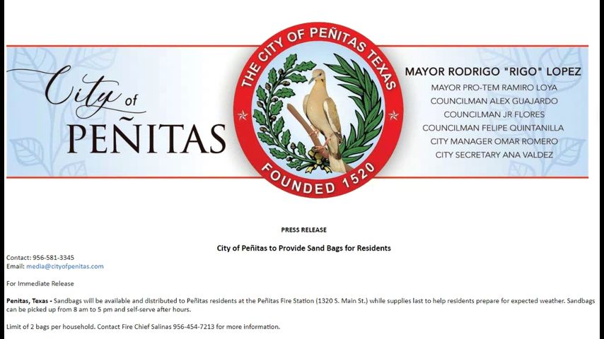 Peñitas will provide sandbags to help residents prepare for inclement weather