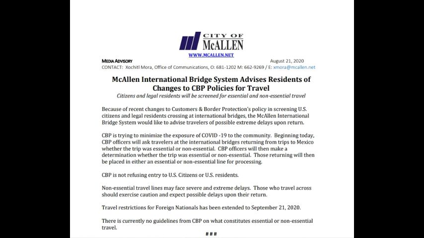 McAllen International Bridge System advises residents of changes to CBP policies for travel