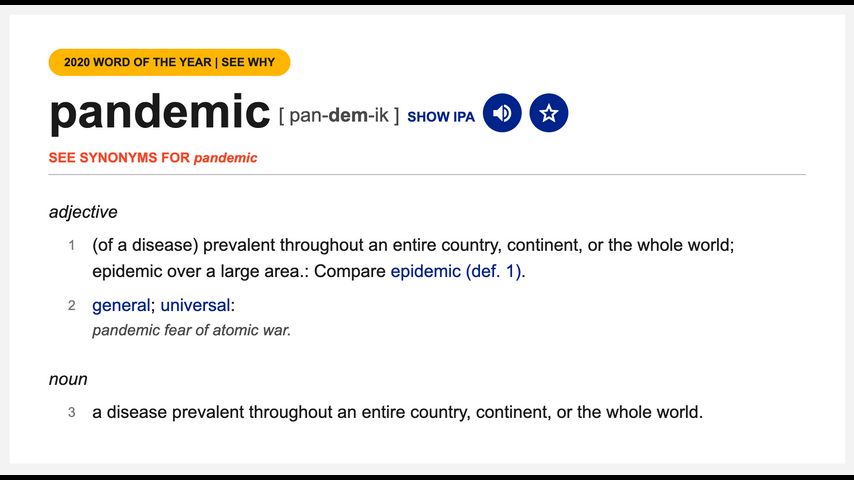 Dictionary.com picks 'pandemic' as its 2020 word of the year