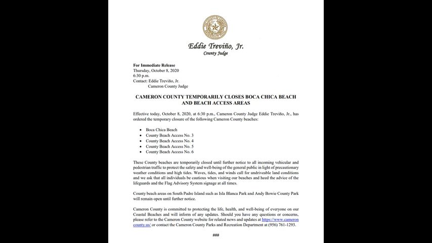 Condado Cameron cierra temporalmente Playa Boca Chica y áreas de acceso a las playas