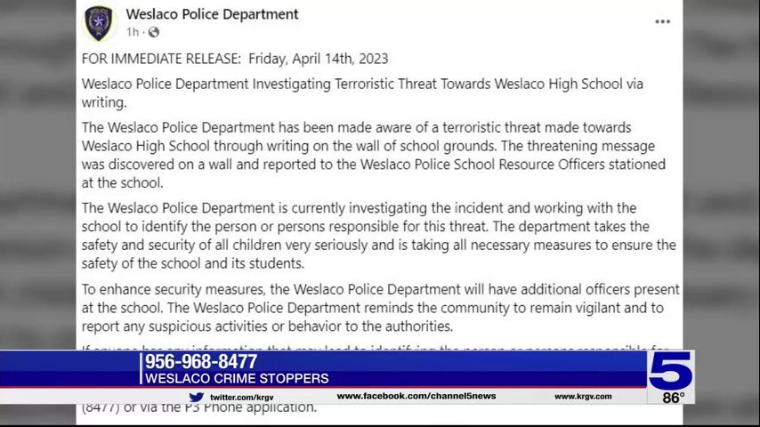 Police investigating threat made against Weslaco High School