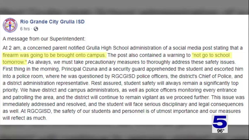 Grulla High School student facing disciplinary consequences after social media threat, district says