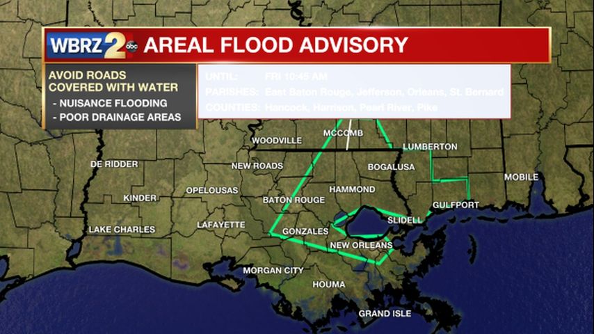 Flood advisory in effect for much of southeast Louisiana amid heavy rain Friday morning