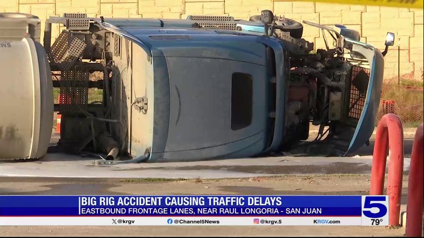 Overturned tractor-trailer causes closure of frontage road in San Juan