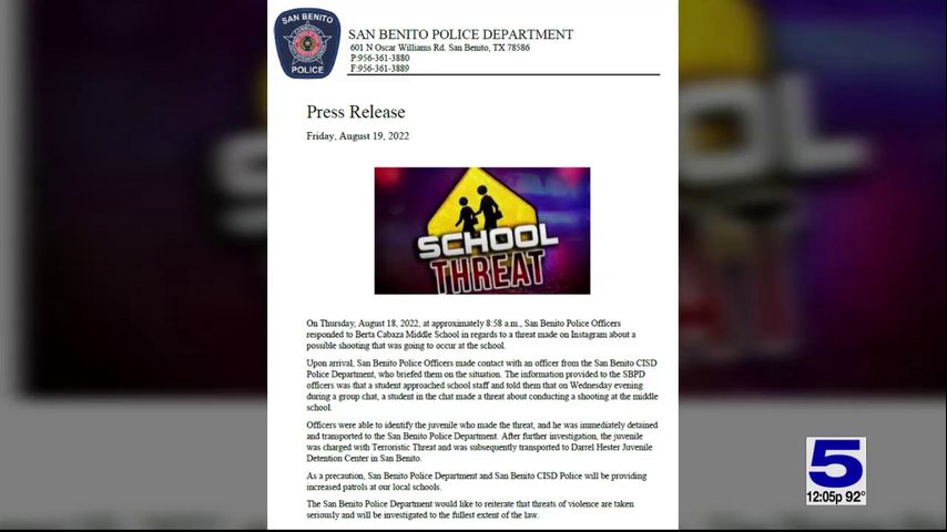 San Benito police: Juvenile student in custody following threat on Instagram