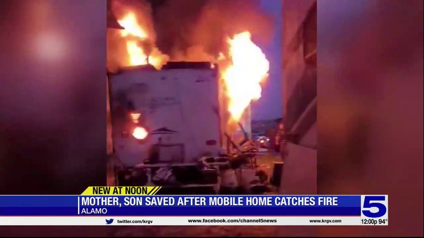 Mother and son saved after mobile home catches fire in Alamo