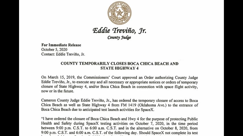 Boca Chica Beach to be closed on Oct. 7 due to SpaceX activity