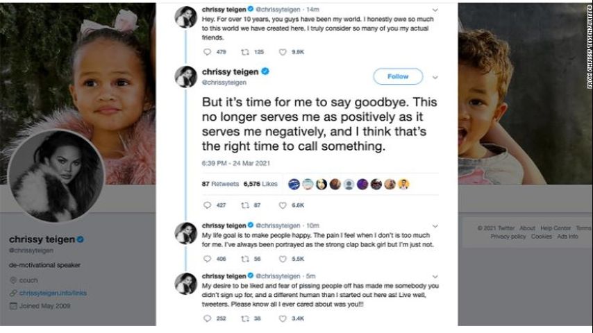 Chrissy Teigen deletes Twitter account, citing its negative impact on