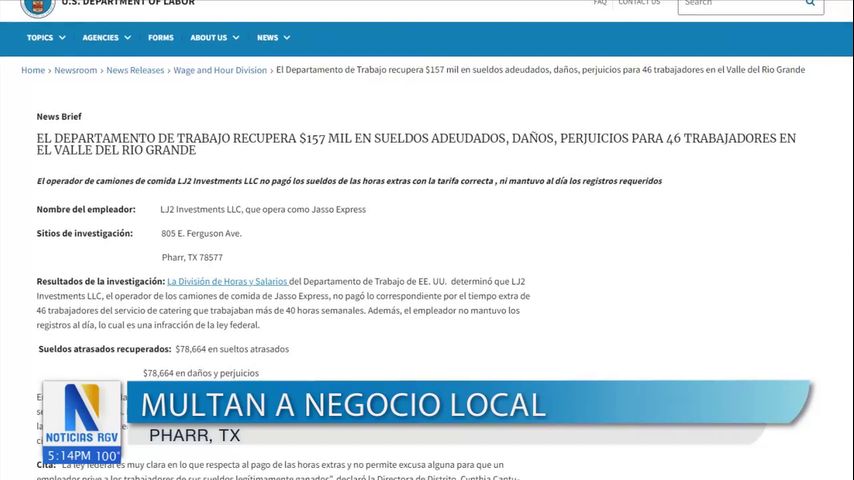 El Departamento de Trabajo multa a un operador de camiones de comida de Pharr por negar horas extras a los trabajadores del servicio