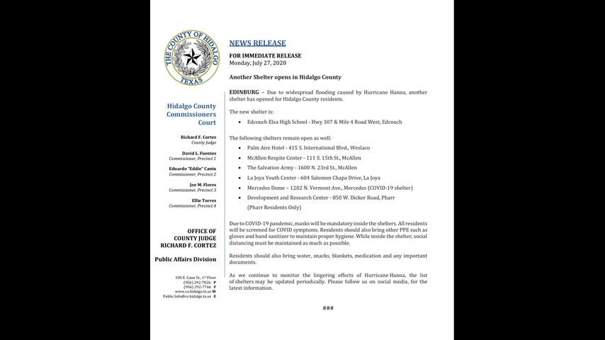 Shelters open in Hidalgo County due to flooding cause by Hurricane Hanna