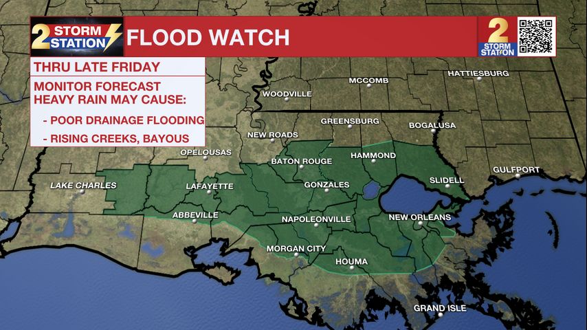 A flood watch has been issued for parts of southeastern Louisiana
