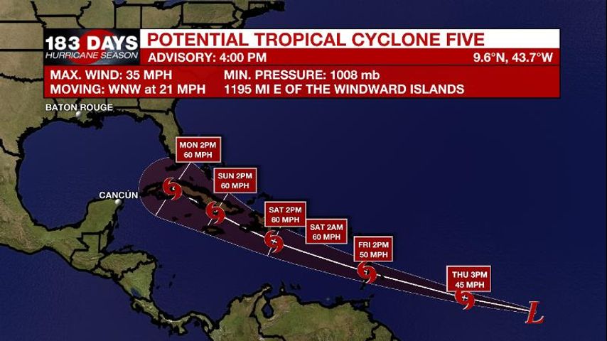 Developing tropical system moving toward Windward Islands, Caribbean Sea